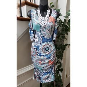 MY Bump Women's Multi Floral Cold Shoulder Sleeve Round Neck Knee Length Dress L